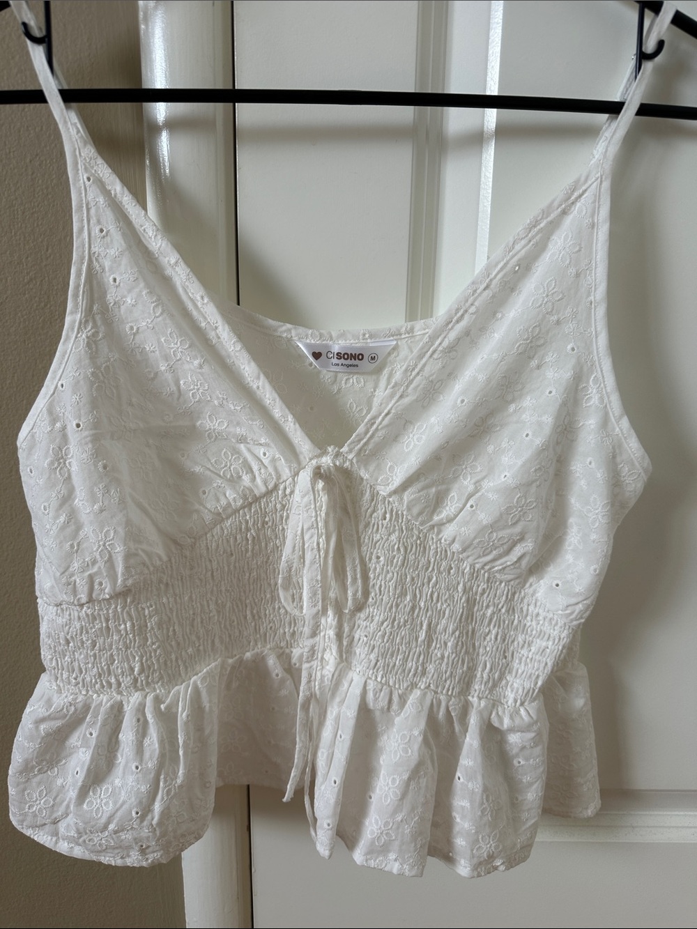 Ci Sono White Eyelet Smocked Peplum Camisole with Front Tie